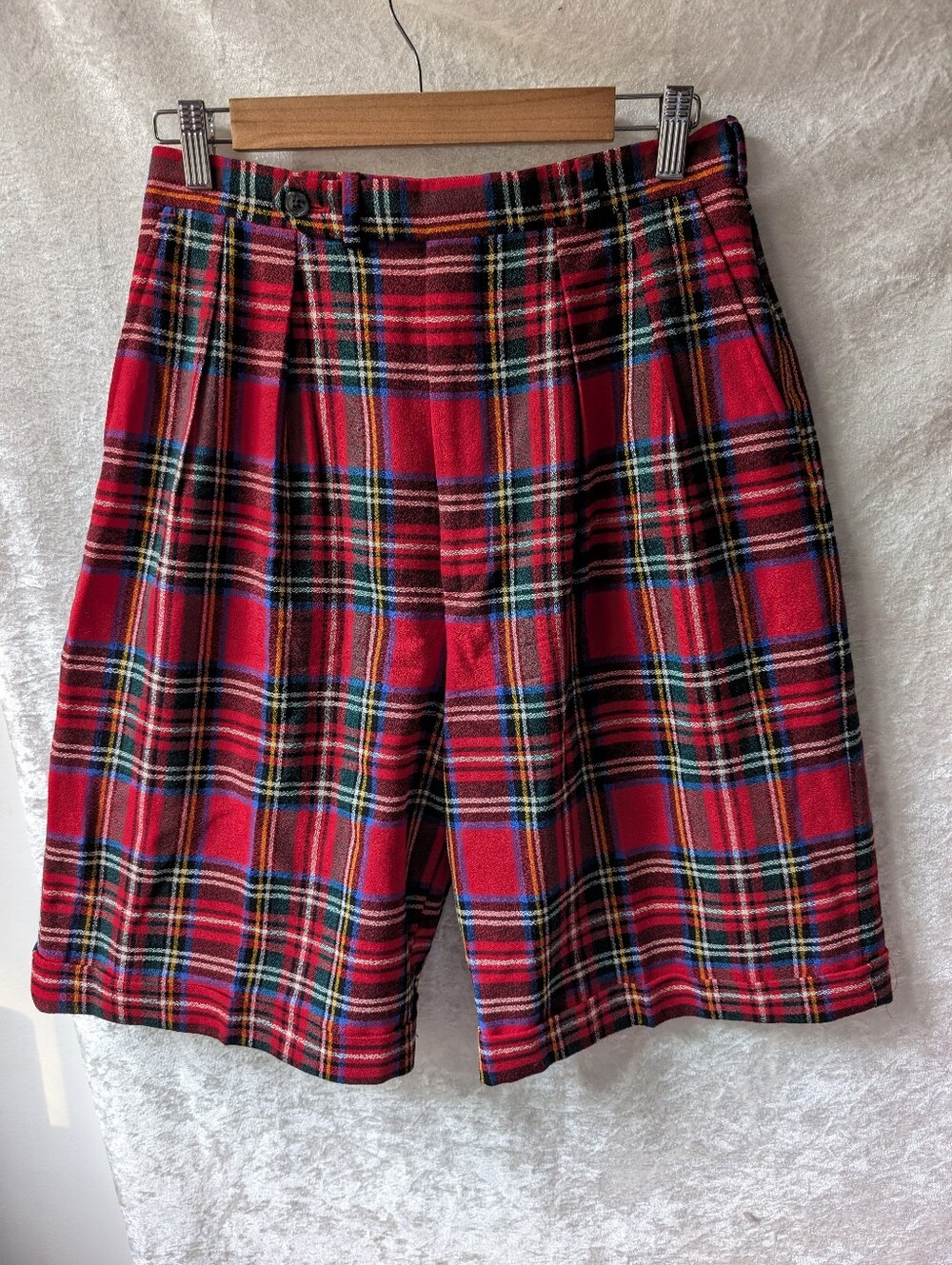 Vtg Corbin LTD Red Green Plaid Knee Shorts High Waist 80s